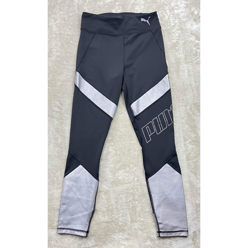 EUC Puma DryCell Womens Black Silver Metallic Colorblock Running Leggings Size S